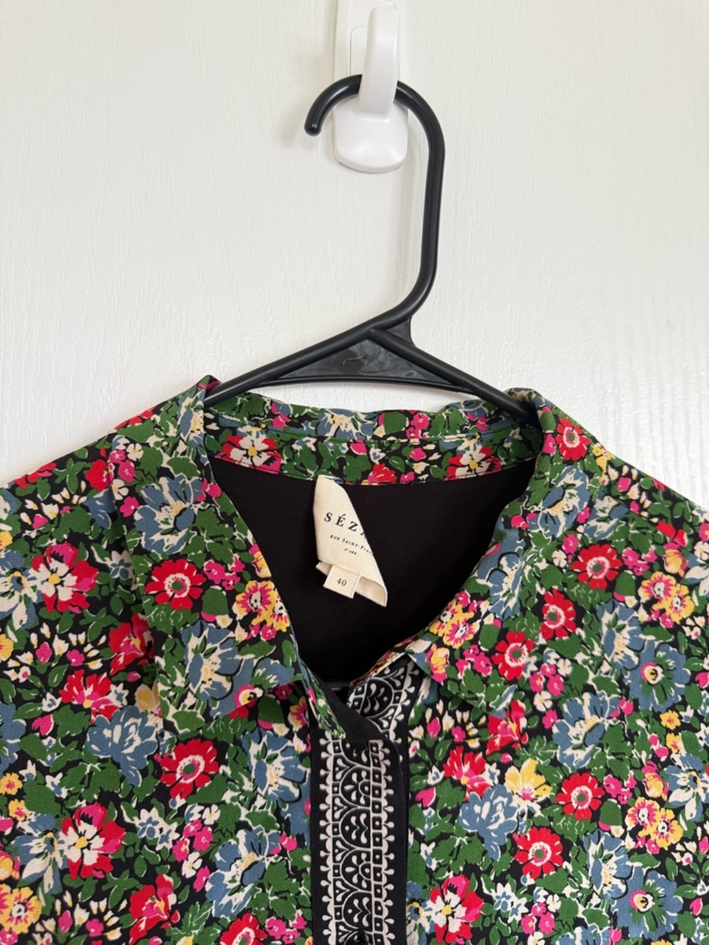 Sezane Green Floral Button-Up Blouse with Pink and Yellow Accents - Picture 4 of 7